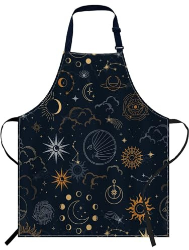 Smooffly Sun Moon Star Apron,Adjustable Neck Bib Apron for Men Women,Suitable for Kitchen Cooking Waitress Chef Apron