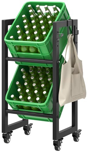 YITAHOME Scaffale per casse di bevande, sottile per 2 cassette con ruote industriali e piedini regolabili, salvaspazio, stabile, con 2 ganci, apribottiglie e tutti gli attrezzi, 40 x 32 x 75 cm