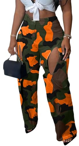 YOOTIKO Womens Camo Cargo Pants High Waisted Army Fatigue Straight Leg Camouflage Trouser Streetwear