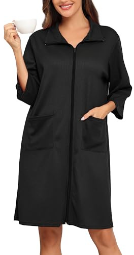 Lovasy Kimono Corto da Donna con Cerniera Accappatoi in Maglia Waffle Vestaglia kimono Morbido e Leggero al Ginocchio Accappatoio con tasche A Nero S
