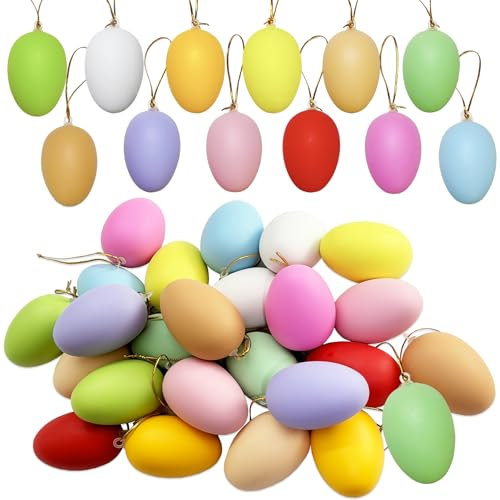 24 Stück Ostereier zum Aufhängen, 6 cm Ostereier Plastik Groß Ostereier zum Aufhängen Ostereier Kinder Ostern Basteln Deko Plastikeier Bunt mit Seidenband für die Osterdekoration [12 Farben]