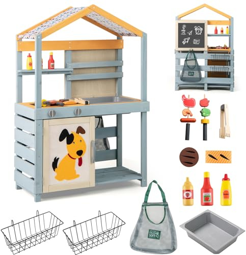 HOMASIS Cocina de Barro Exterior Infantil, Cocina de Juego de Doble Cara con 17 Accesorios, Juguete de Juego de Madera de Abeto, para niños de 3+ años, 75x34x111cm, Gris