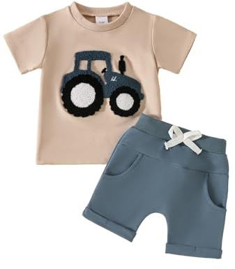 UUAISSO Conjuntos de Ropa Para Niño Pequeño Camiseta con Cuello Redondo y Estampado Letras Tops y Pantalones Cortos Conjuntos Verano Para Bebé Niño Azul 6-12 meses