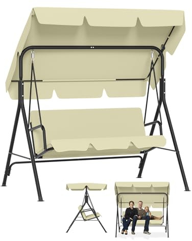 YRHome Beige hollywoodgunga 3-sits med justerbart soltak trädgårdsgunga upp till 200 kg väderbeständig gungbänk med komfortkudde och halkskydd fötter för trädgård, balkong 175,5 x 110 x 152 cm