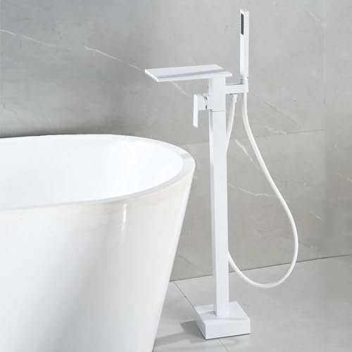 NBTRXWAFR Robinet de Baignoire autoportant Waterfall avec douchette Robinet de Baignoire à 2 Modes monotrou Cascade en Laiton,Blanc