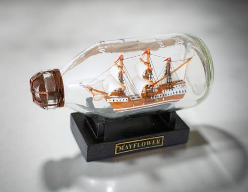 Ship in a Bottle Mayflower Model 14cm – Handmade Nautical Figurine with Wooden Stand – Maritime Collectible & Classic Decor for Home or Office
