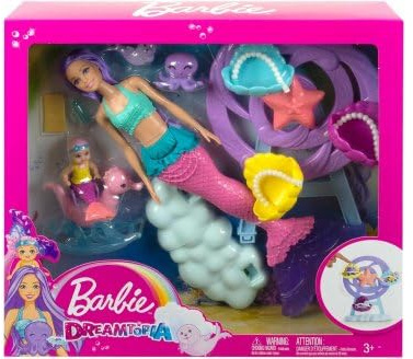 Set pour Barbie poupée sirène + bébé + Hippocampe + otarie + Poulpe + manège + 2 Accessoires - poupée Mannequin + 1 Carte Animal