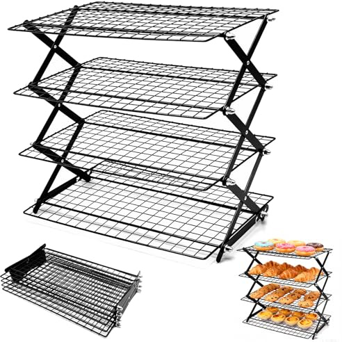 YTACREA 4 Niveaux Grille de Refroidissement Patisserie, Pliables Grille Gateau Refroidissement Rapide Antiadhésif pour Gâteaux, Pain, Rôtissage Séchage, 3 Niveaux de Réglage en Hauteur, 43 x 24,5 cm