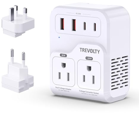 2000W Voltage Converter US to Europe for Hair Dryers, 7-in-1 220V to 110V Converter for European Travel with 3 AC/2 USBA/2 USBC Ports (PD20W) (White)