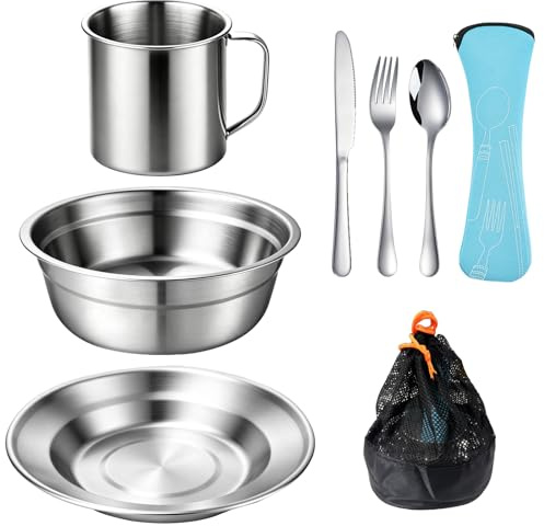 QUTHZZHY Campingbestick-set, camping porslinsset med rostfritt stål bestickset, tallrik, skål och mugg, utomhus bärbart porslinsset för camping, ryggsäck, vandring (blå)