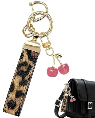 AYZDJ Porte-clés en cuir avec perles de cerise en résine – Breloque de sac élégante pour femme, porte-clés de voiture, accessoires de sac à main mignons et coffret cadeau