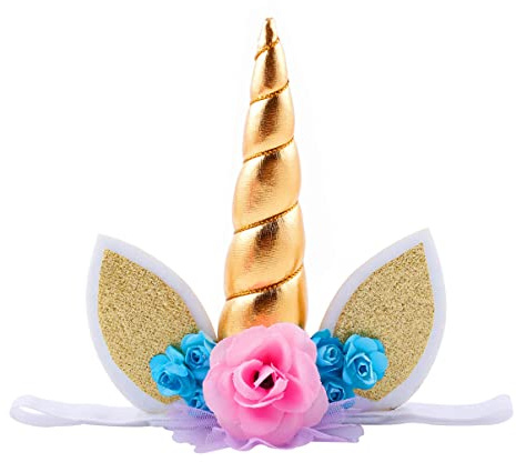 Frcolor Elastische Stirnband Einhorn Haarband Baby für Mädchen Kleinkinder Horn Ohren Stirnband (Gold)