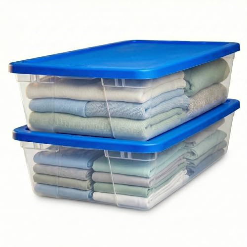 HOMZ 2-Pack Snaplock, Large Clear Plastic Storage Organizer Bins w/Lids, 41 Quart, Blue - Stackable Container Boxes for Bedroom, Bathroom, Garage, and Office Organization