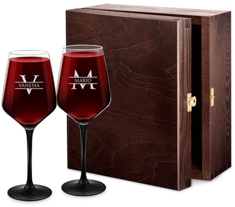 Maverton 2 Calici da vino Rubino - incisione personalizzata - 300 ml - con gambo nero - pensiero speciale per nozze - adatti per vino secco e dolce - unici per coppia - regalo di Natale - le iniziali