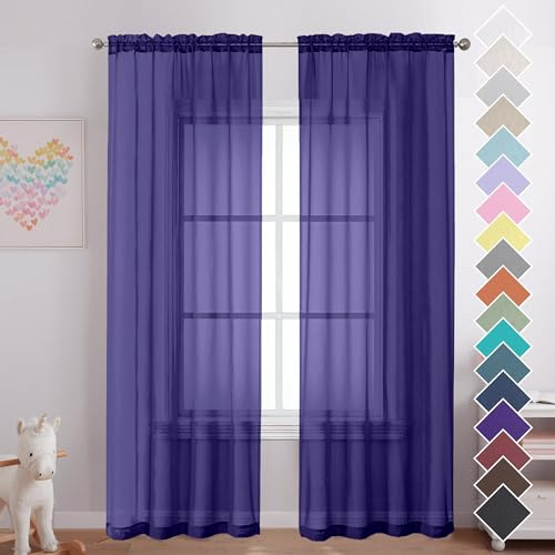 OVZME Lila genomskinliga gardiner 213 cm långa 2 paneler, ljusfiltrerande fönster skira gardinpaneler för sovrum vardagsrum, dubbel stångficka, lila, per panel B 112 x L 213 cm