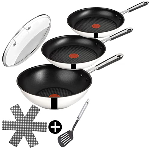 Tefal E30 Jamie Oliver Pfannenset Induktion 6 tlg -SET12- hohe Wok mit Deckel 28 cm, Pfanne 28 cm + 24cm, Edelstahl rostfrei, Wokpfanne Spülmaschinenfest, Antihaft-beschichtet, Silber