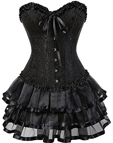 Grebrafan Overbust Corset Classic Bustier with Multi Layer lace Skirt (UK(4-6) XS, Black)