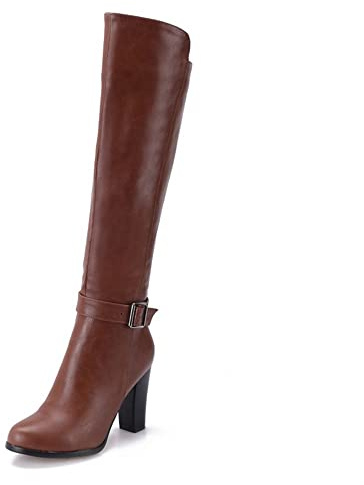 Bottes À Talons Hauts Jusqu'aux Genoux, Bottes Hautes En Cuir De Vachette Pour Femmes, Bottes À Bout Rond À Talons Hauts Et À Glissière Latérale, Semelle Antidérapante À Tendon (Color : Brown, Size