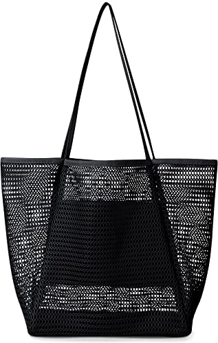 benpen Holiday Essentials Beach Bag for Women Large Mesh Tote Bags with Zip Pocket, Summer Personalised Shoulder, Reusable Foldable Shopping, Ladies Picnic Pool Gym Travel Grocery, Black