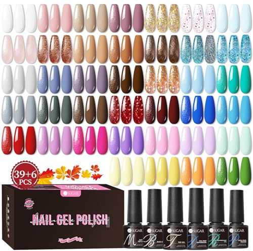 UR SUGAR UV Nagellack Set, 45 Stück Gel Nagellacks mit Glossy Matte Top und Base Gel Coat Nagellack Grau Nude Rosa Glitzer Farbgel für Nagelstudio Design Starter Maniküre Geschenkset