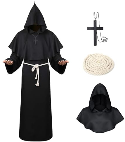 MEIRRAI Deguisement Moine, Costume de Moine Adulte, Robe Renaissance Médiévale avec Capuche Ceinture et Croix, Costume d'Halloween, Robe de Prêtre pour Halloween Cosplay Carnaval