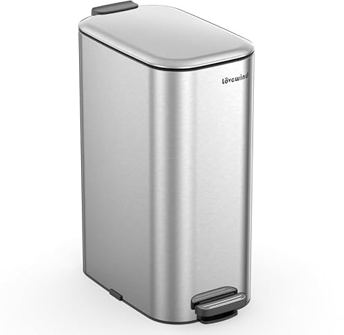 Lovewind Trash Can with Lid, 8 Gallon/30 L Footstep Garbage Can for Kitchen Bathroom Bedroom Home Office, 20 Liter Trash Bin Brushed Stainless Steel Waste Bin with Soft-Close Lid, Silver