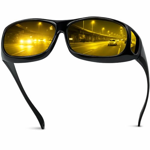 Chiccool Night Driving Glasses Fit Over for Men Women, Anti Glare Polarized Night Vision Driving Glasses, Wrap Around HD Yellow Lens Sunglasses