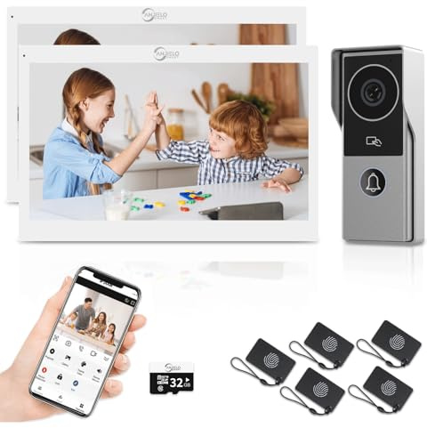 2-cable de vídeo timbre de la puerta del sistema de intercomunicación con cámara de 1080P y 10 pulgadas de pantalla táctil, WiFi kit de teléfono de la puerta de vídeo (White-2)