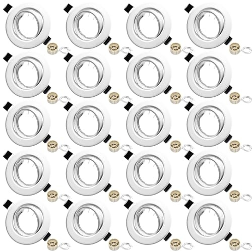LteelDay 20-Pack Matte White Recessed Light Frames with VDE GU10 Sockets | Round metal ceiling mounting kit, size 90mm, cut-out 68-80mm. 30° swivel directional spotlight. Light bulb not included.