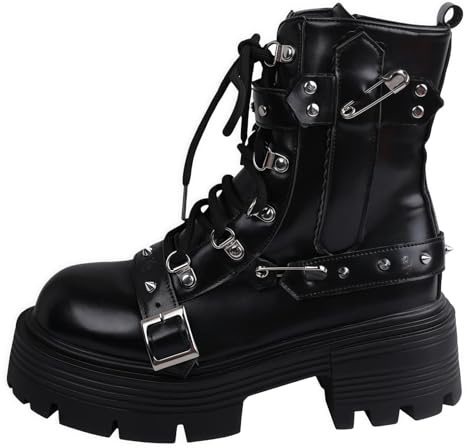Femmes gothique grosse plateforme coins bottes à cheville avec chaîne coeur rivet Punk mi-veau bottes moto ronde orteil fermeture éclair coins talons hauts boucle Rave épaisse semelle chevalier bottes