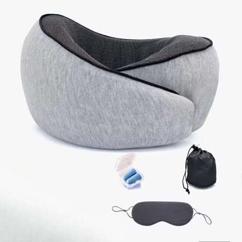 Omana Travel Pillow – Ergonomic Memory Foam Neck Pillow for Travel, Compact & Adjustable Flight Pillow with Eye Mask, Ear Plugs, and Storage Bag (Light Gray)
