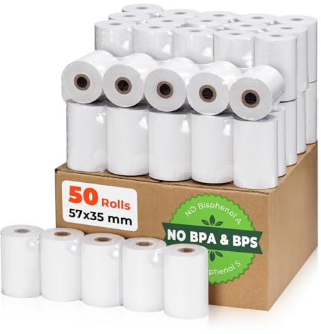 MUNBYN Rollo Papel Térmico 57mm x35mm x16m Papel Datafono, Papel Termico para Máquinas PDQ, POS, EPOS, Impresora Tickets- Papel TPV 57mm- Libre de BPA/BPS【50 Rollos】