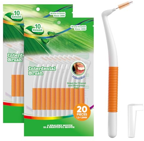 Annauiy Cepillos Interdentales de Ancho -1,2 – 1,5 mm para Limpieza de Dientes, 90° en Forma de L, Color Naranja, 20 Unidades, para Aparatos Dentales y Aparatos Dentales