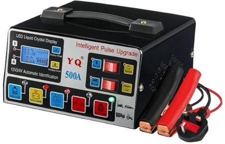 500A Heavy-Duty High Power Car Battery Charger with LCD Display, Smart 12V/24V Automatic 5-Stage Pulse Repair & Trickle Charge Universal Maintainer for Vehicle, Motorcycle & Lorry