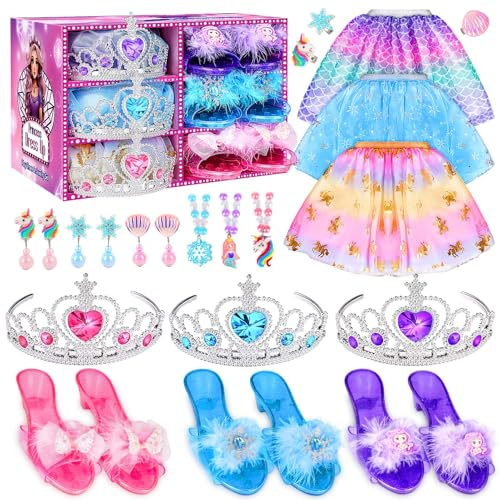 Dreamon Princess Dress Up Shoes 3 Set Princess Costume for Girls Pretend Toys Various Jewelry Accessories for 3 4 5 6 Aged Girls Kids Christmas Birthday Gifts