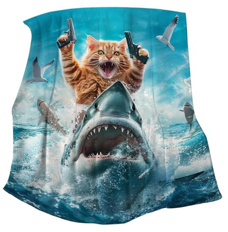 Cat Riding Shark Blanket - 39.37x51.18 inches Cat Riding Shark on Sea Fall Blankets | Super Soft Flannel blanket, Unique Design Large Bed Blankets for Sofa Couch Chair, Farmhouse Decor