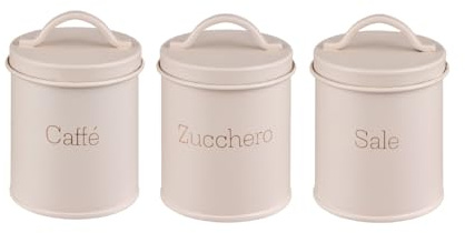 Baroni Home Set 3 Barattoli da Cucina in Metallo Sale, Zucchero e Caffè, Design Elegante con Coperchio, Barattoli Beige, 8x8x9 cm
