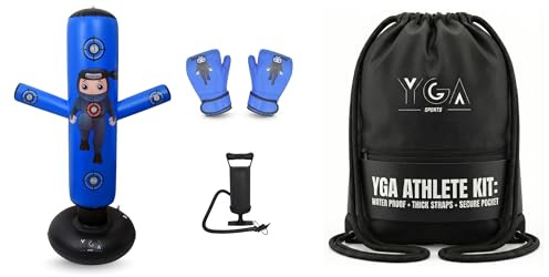 PUNCHO Kids Punching Bag + Drawstring Bag Bundle - 63 Inflatable Boxing Bag with Gloves, Pump & eBook + Heavy-Duty 420D Waterproof Gym Sack Fits Ball or Gear for Active Boys & Girls