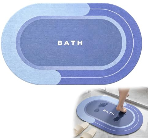 Súper Absorbente Alfombra Baño Diatomita,Alfombra Ducha Antideslizante,Alfombrilla Bañera Elipse,Secado Rápido,Antimoho,Suave y Lavable a Máquina para Baño, Cocina y Bañera (Azul, 40 x 60 cm)