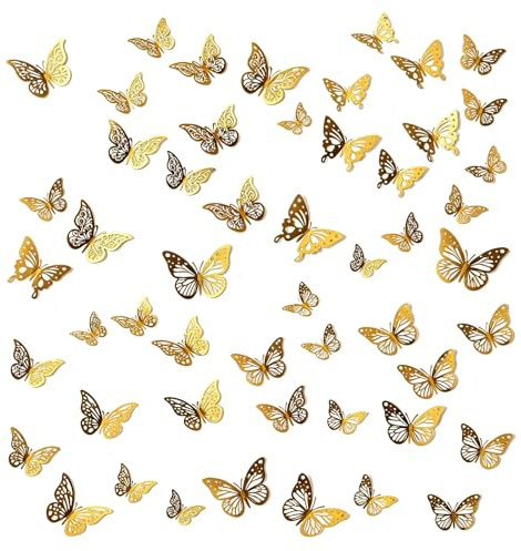 JOVYTH Mariposas Decorativas 3D 48 Piezas Doradas, Pegatinas de Pared Extraíbles de Diferentes Tamaños para Decoración Hogar, Fiesta y Niños.