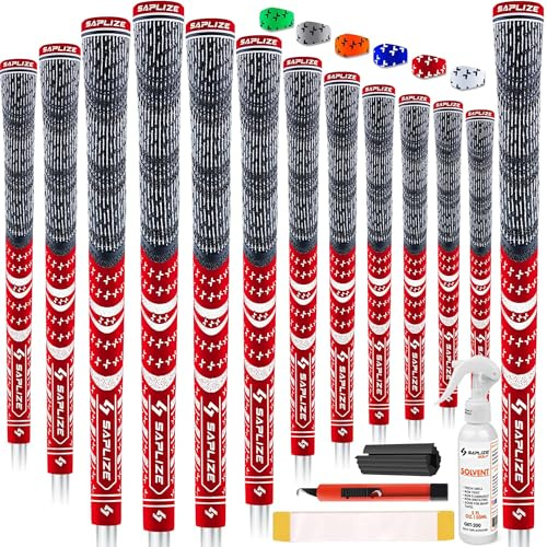 SAPLIZE Puños de golf de 13 piezas con kit de regripping completo, mediano, caucho de cordón, puños de club de golf híbridos, rojo