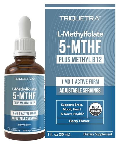 Organic Methyl Folate 1000 mcg + Methyl B12 Cofactor (300 Servings) – Metabolically Active 5-MTHF Form, Organic Berry Flavor, Liquid Sublingual Form – Mood, Cognition, Methylation, Pregnancy (1oz)