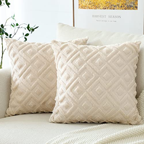 Artscope 2er Set Wolle Kissenbezüge Weicher Plüsch Kurzer Wollsamt Dekokissenbezuge Luxuriöses Sofakissen Boho Kissenhülle für Sofa Schlafzimmer Geometrische Creme Beige, 45x45cm