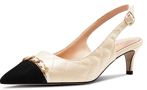 NobleOnly Mujer Medio Heel Puntiaguada Punta Slingback Cadena Metálica Pumps Patchwork Baile Casual Dress Zapatos 5 CM Heels Desnudo 41 EU