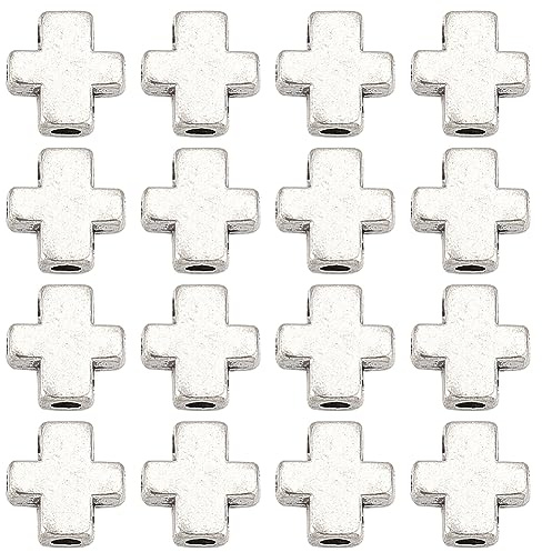 SUNNYCLUE 1 caja de 100 piezas de Cuentas Cruzadas de Plata Cuentas Cruzadas de Aleación de Estilo Tibetano Mini Cruces de Bolsillo Pequeñas A Granel Dijes de Cruz Diminutos Crucifijo de Pascua Cuenta