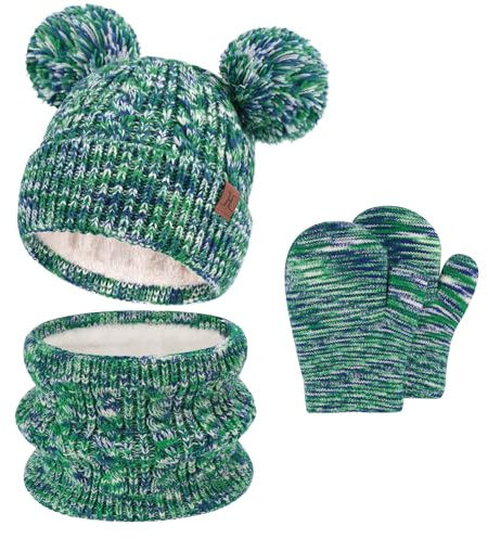 Bequemer Laden Kinder Winter Mütze Loop Schal Handschuhe Set, Pompom Wintermütze Strickmütze Schlauchschal Fäustlinge für 0 6 12 18 Monate Baby Kleinkinder 0-4 Jahre Mädchen Jungen, Grün