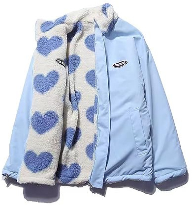 Sumleno Women's Fleece Sherpa Jackets Reversible Kawaii Heart Print Fuzzy Zip Up Cutecore Coats Aesthetic Y2k Gyaru Clothes (Blue,L)