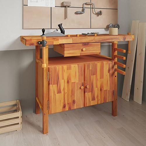 Festnight Banco de Trabajo de Madera Acacia 124x52x83cm, con Cajones Tornillos, Mesa de Trabajo Taller, Banco de Trabajo Taller, Mesa Trabajo, Banco de Carpintero, Banco Herramientas#2