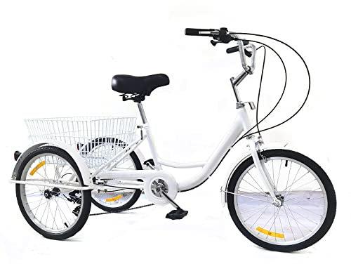 NIGORIY Erwachsene-Dreirad, 20 Zoll Fahrräder 3 Räder, 8-Gang Dreiräder Tragfähigkeit 110kg, Korb Tragfähigkeit 20kg, Fahrrad 8 Positionierung Schwungräder 13t-28t (Weiß)