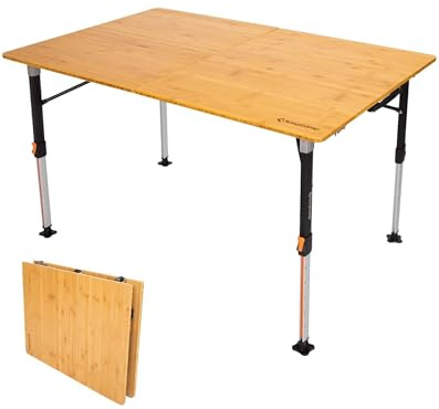 KingCamp Tavolo da Campeggio in Bambù, 120 x 80 cm, Pieghevole, Altezza Regolabile, 42~70 cm, per 4-8 Persone, 2 Pieghevoli, Supporta fino a 80 kg
